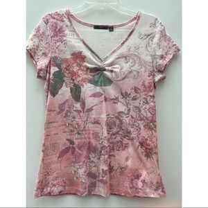 Apt. 9 Pink Purple Faux Distressed Floral Print V Neck Ruched Short Sleeve Top